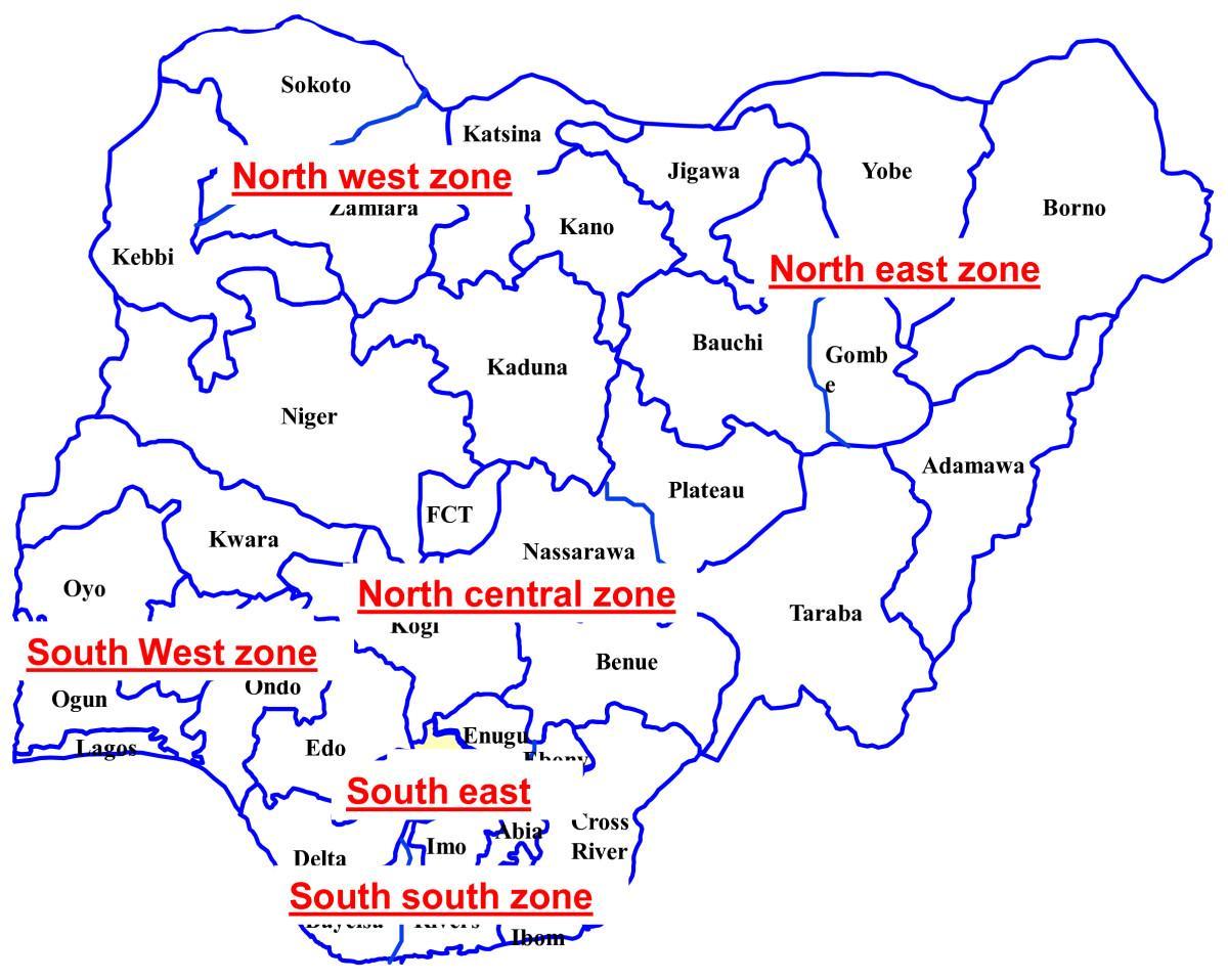 mapa Nigerii, z podaniem sześciu geopolitycznych strefach