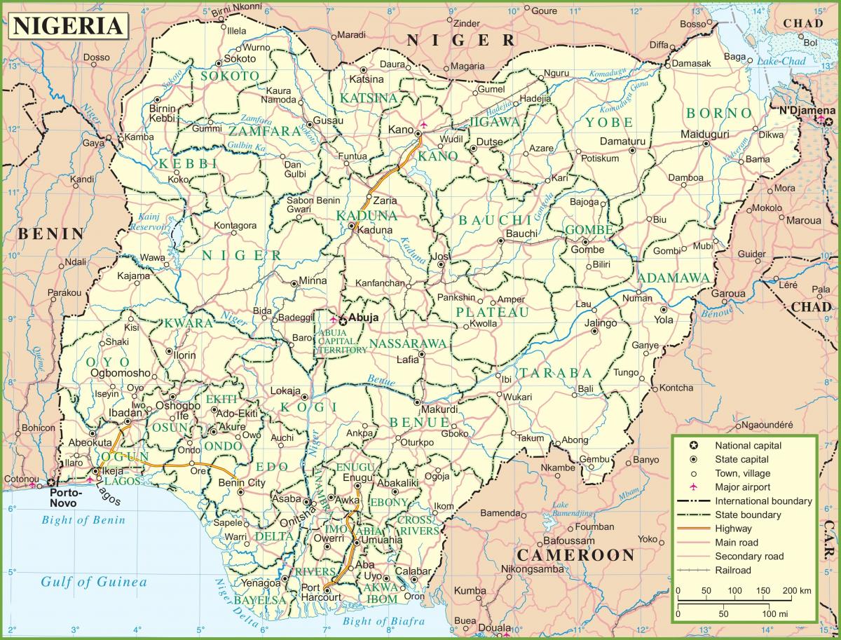 mapa Nigerii, ze wskazaniem głównych dróg