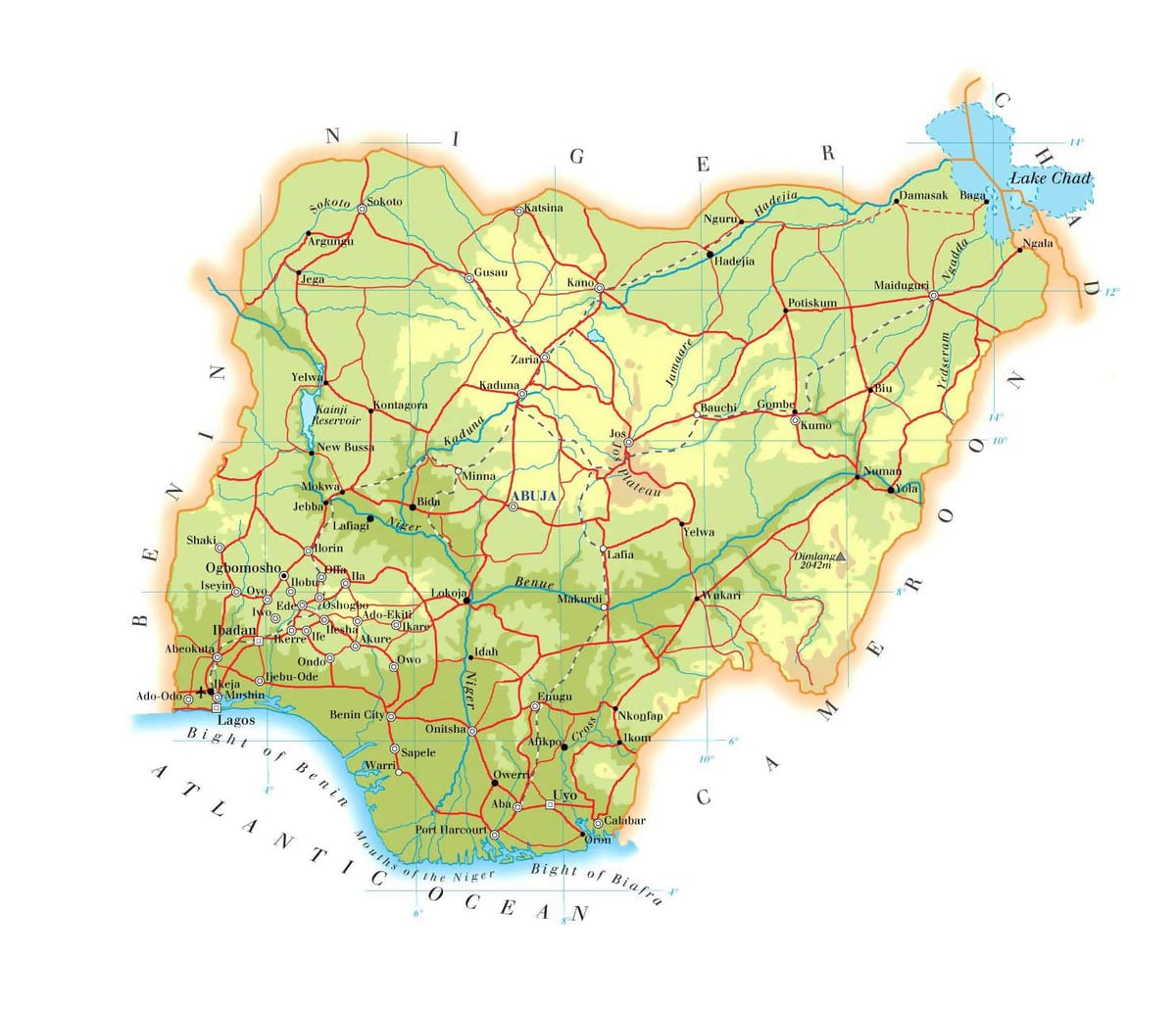 Mapa fizyczna Nigerii