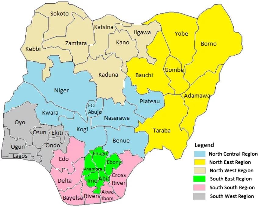 Mapa Nigerii, z podaniem geopolitycznych stref