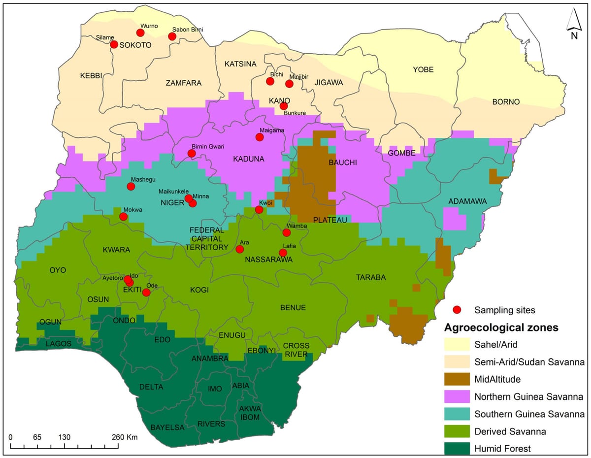 mapa Nigerii, ze wskazaniem podziału zbiorów