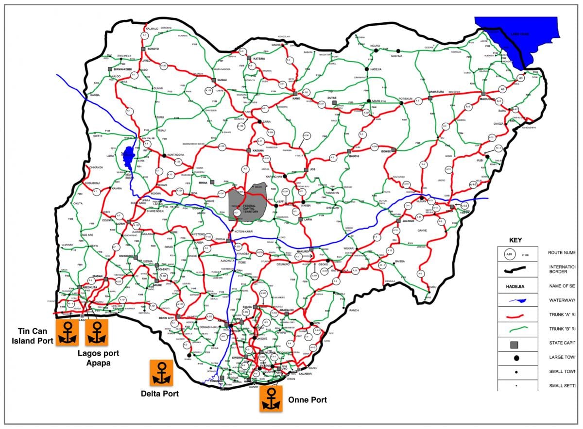 Mapa Nigerii, z podaniem sieci drogowej