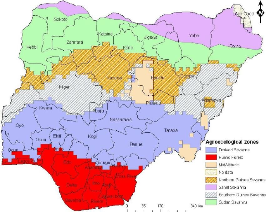 Mapa Nigerii, ze wskazaniem stref ekologicznych