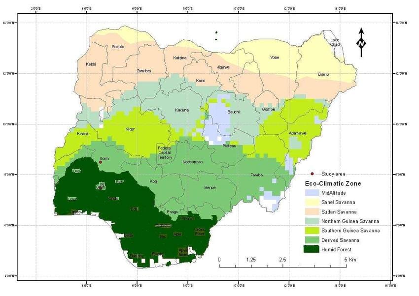 Mapa Nigerii, z podaniem strefy klimatycznej