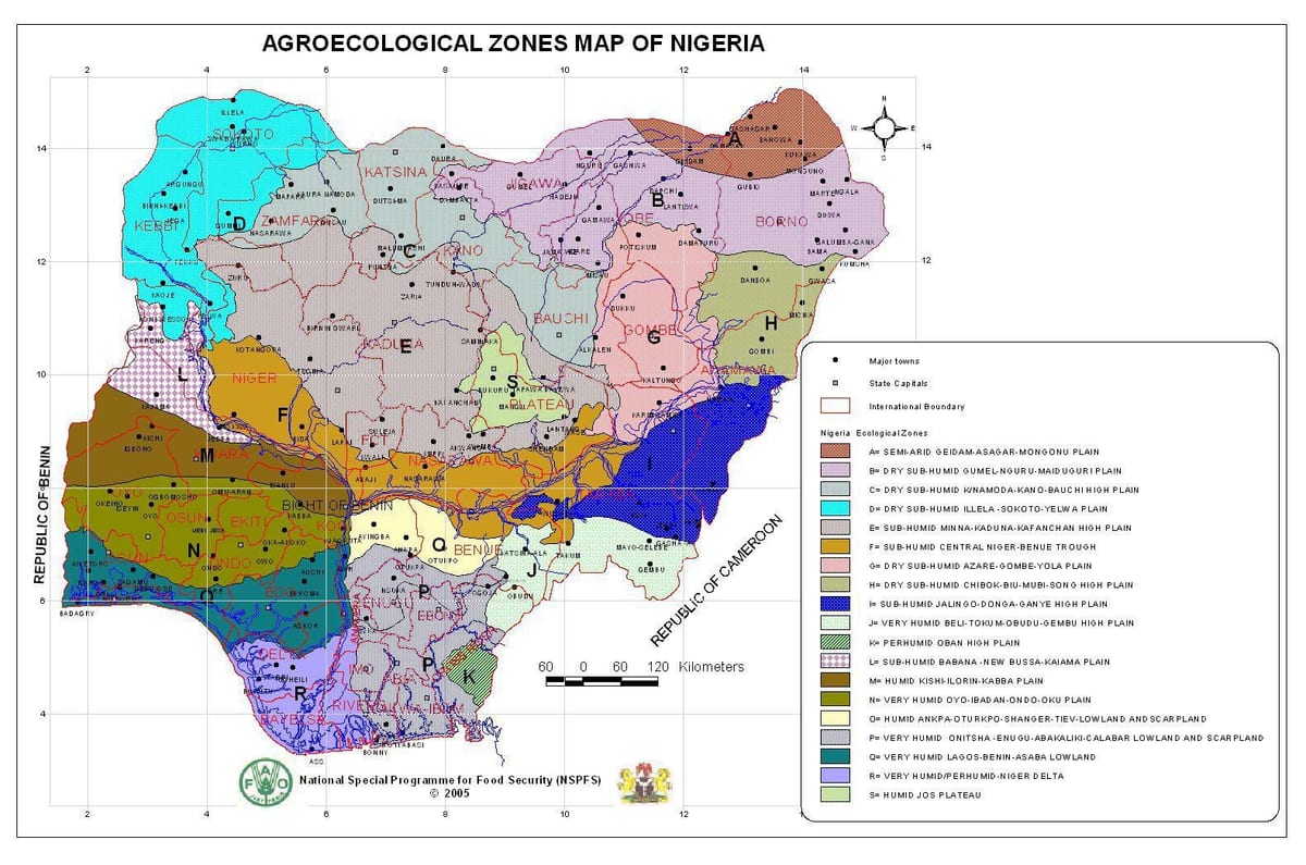 mapa Nigerii, z podaniem różnych stref roślinności