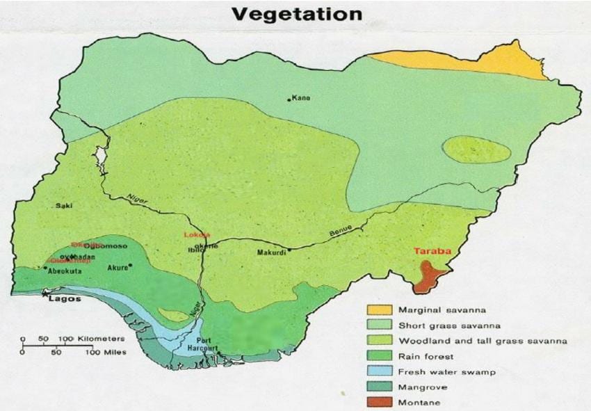 mapa Nigerii, z podaniem roślinności