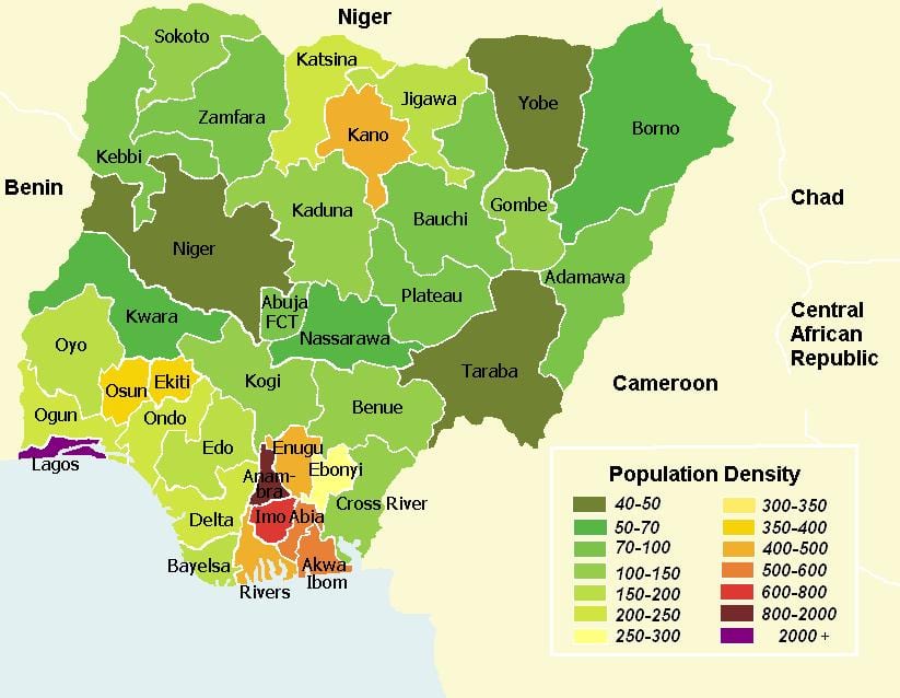Nigeria mapę gęstości zaludnienia 