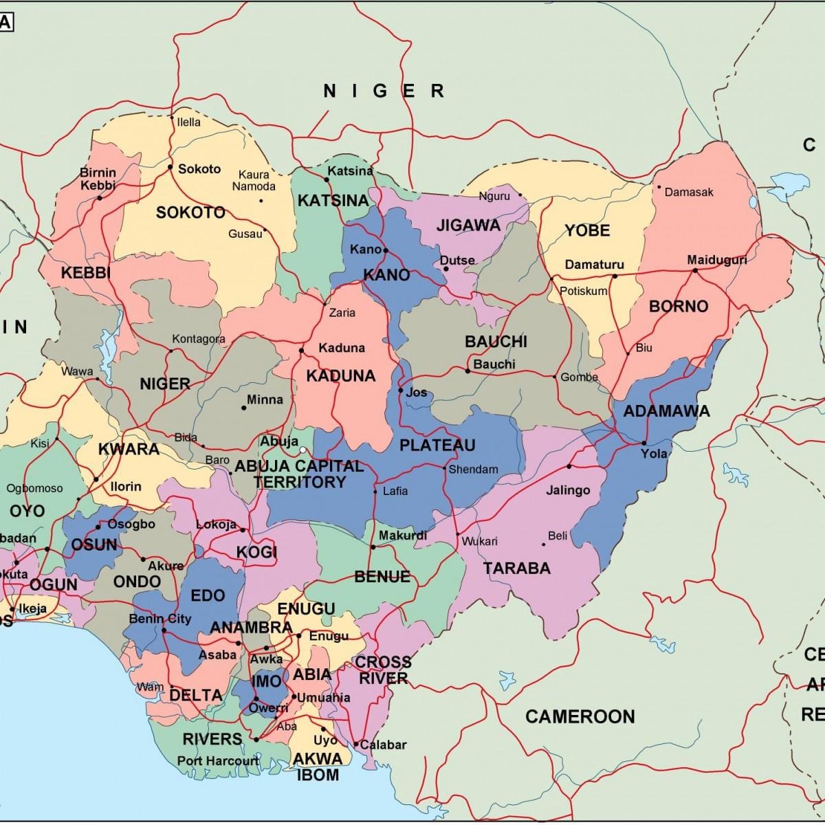 Mapa Nigerii z państwami i miastami