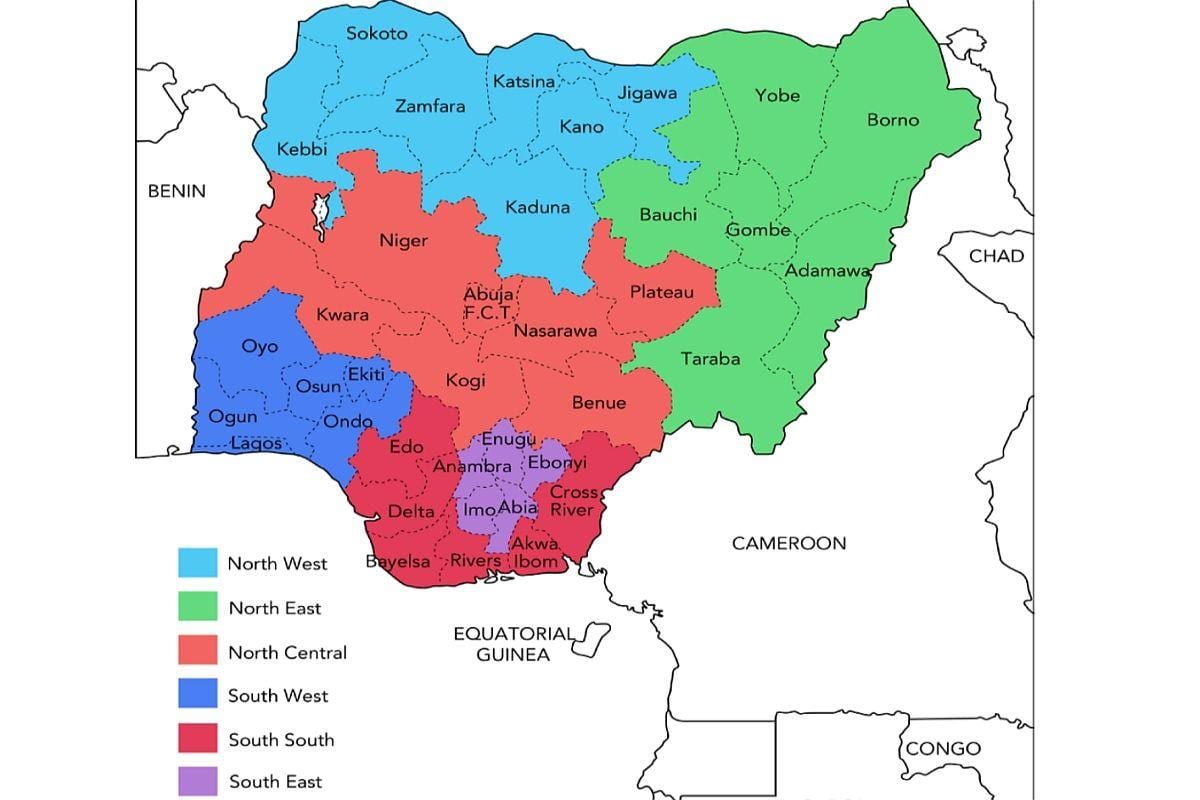 mapa Nigerii, z podaniem geopolitycznych stref