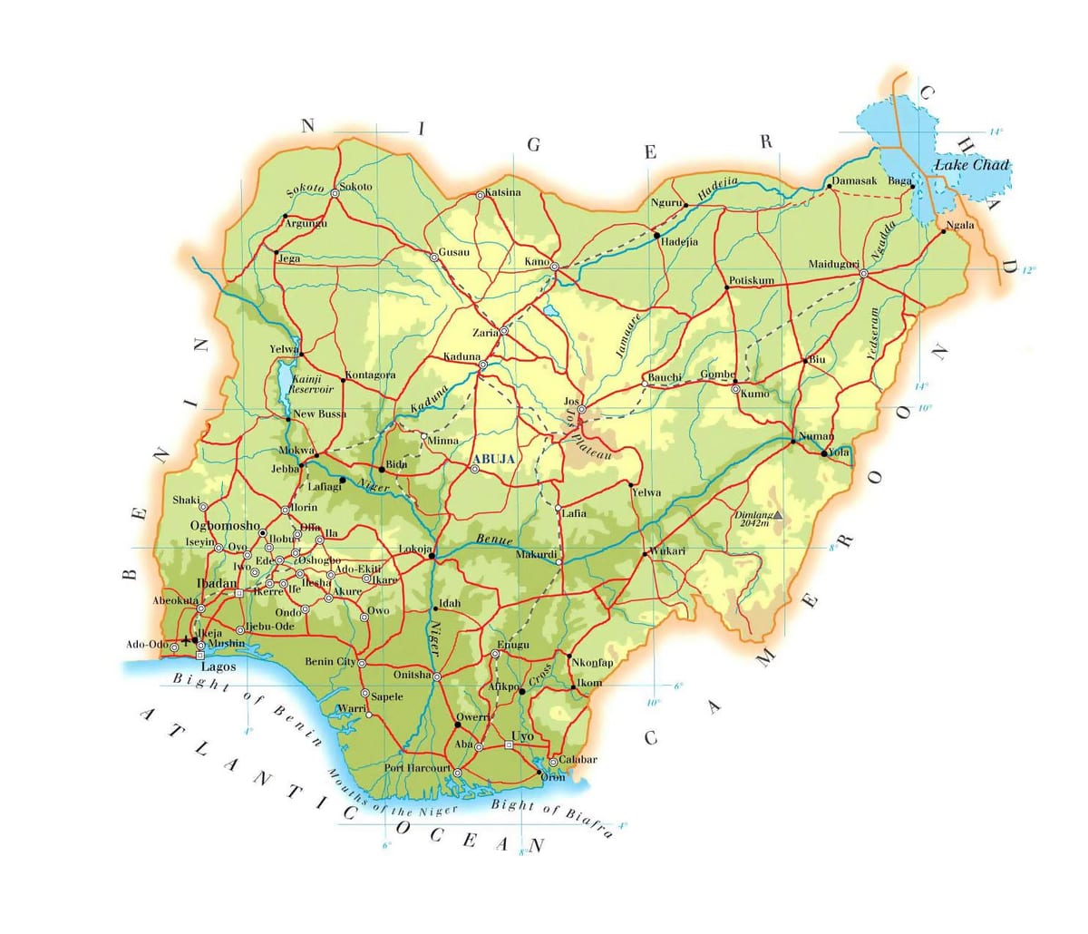 Mapa Nigerii wysokości
