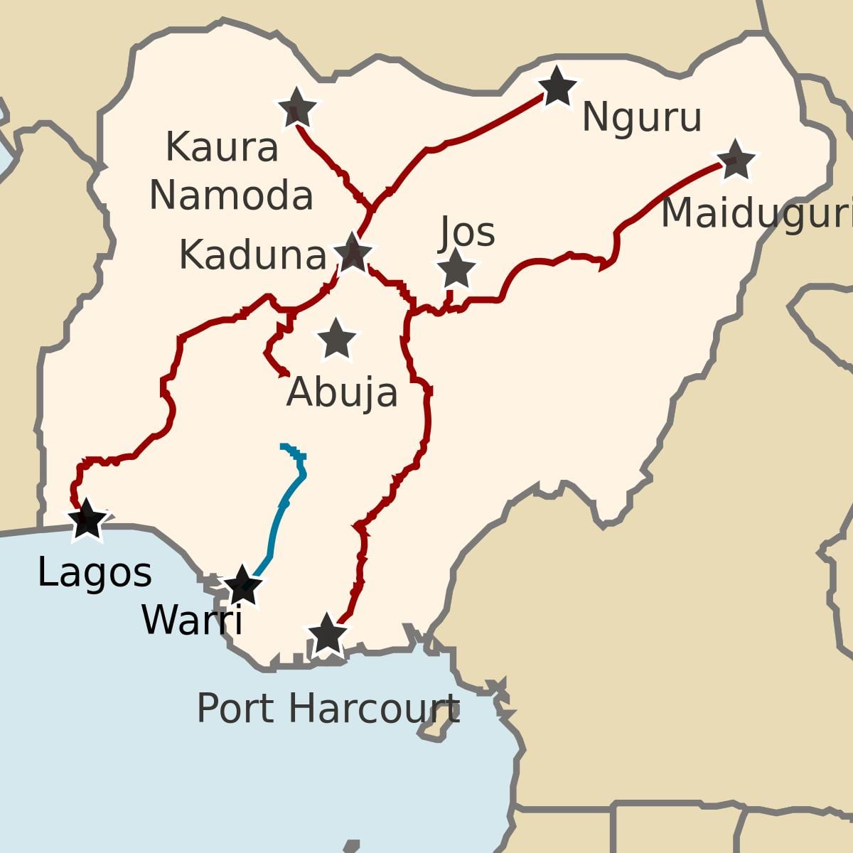 mapa Nigerii, z podaniem linii kolejowych