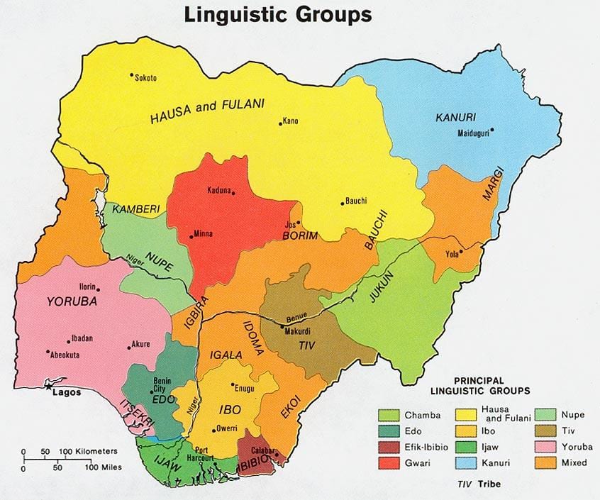 mapa Nigerii, z podaniem grup etnicznych