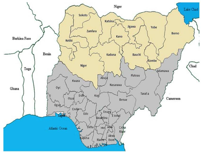 mapa północnych Stanów Nigerii