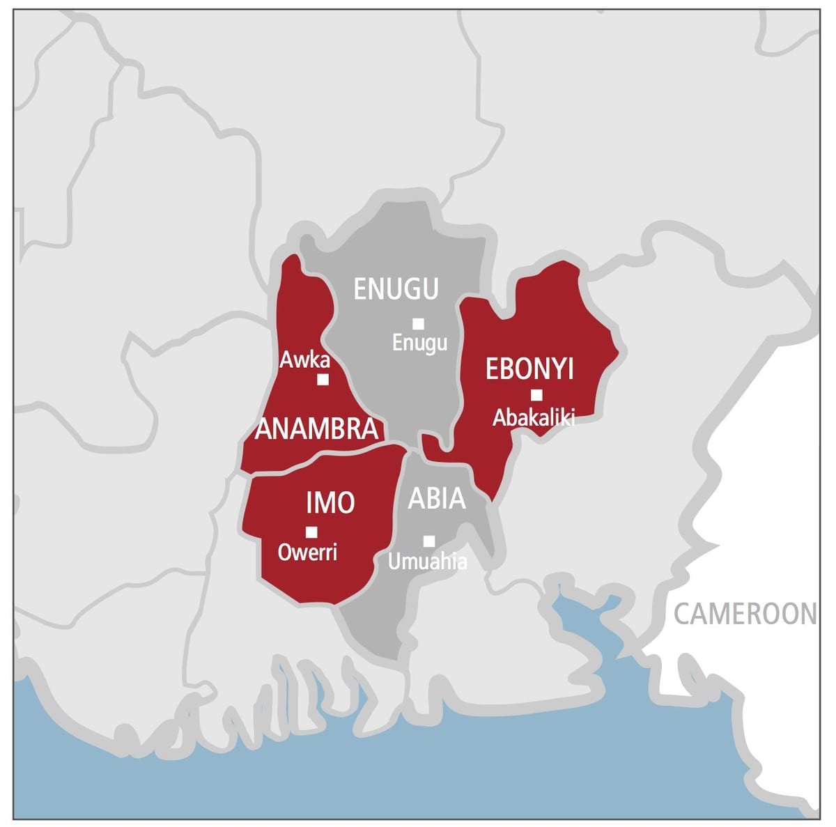 Mapa Południowo-Wschodniej Nigerii
