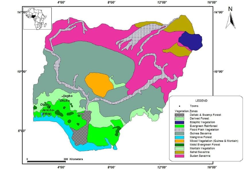 mapa Nigerii, z podaniem roślinności