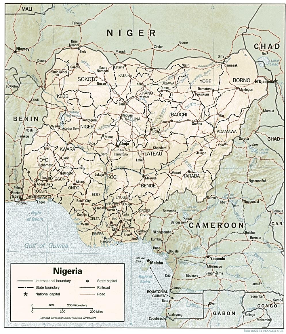 Mapa szerokości i długości geograficznej Nigerii