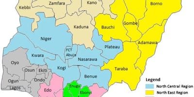 Mapa Nigerii, z podaniem geopolitycznych stref