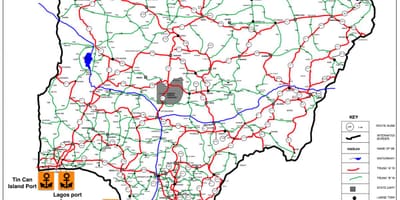 Mapa Nigerii, z podaniem sieci drogowej