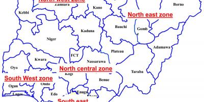 Mapa Nigerii, z podaniem sześciu geopolitycznych strefach