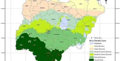 Mapa Nigerii, z podaniem strefy klimatycznej